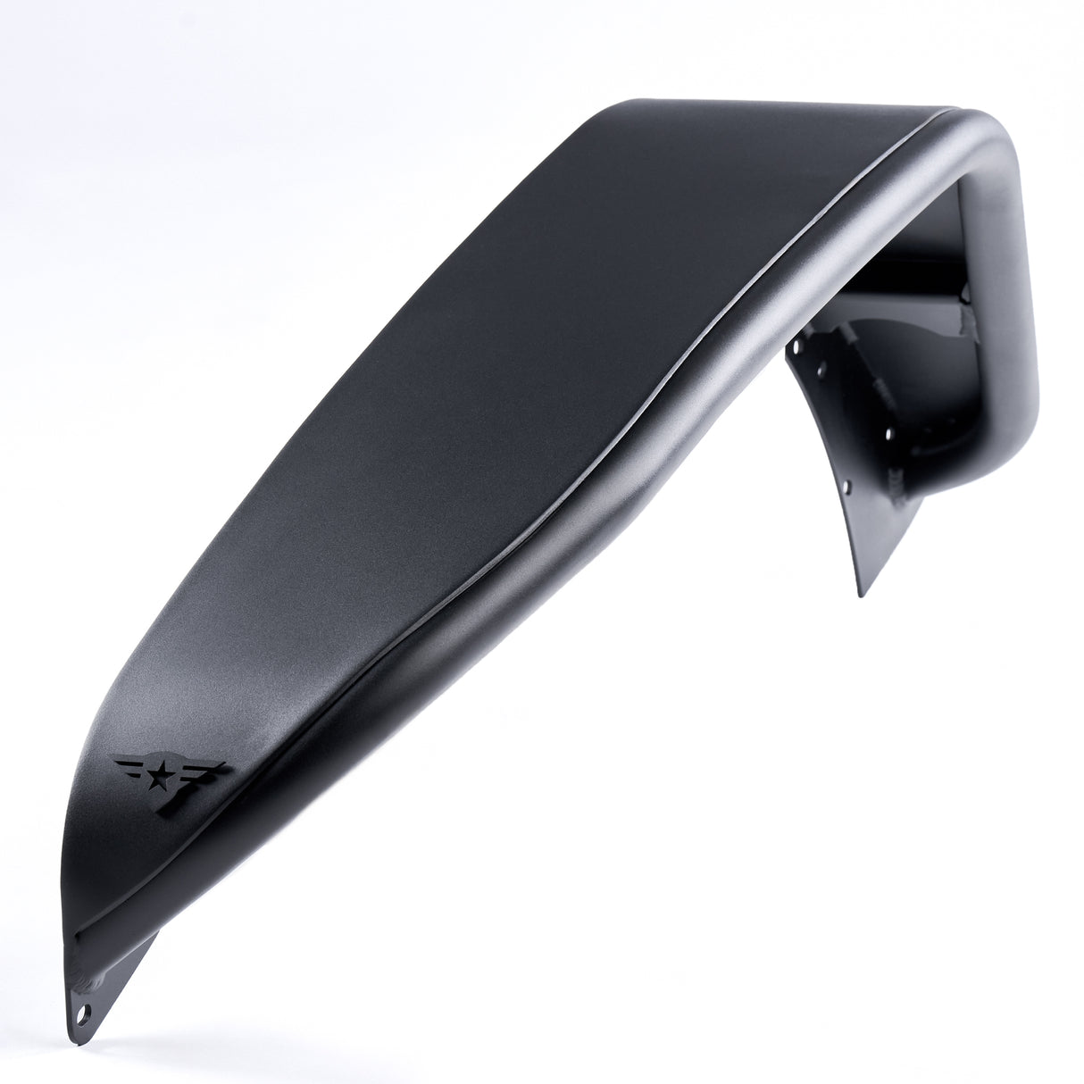 A single front black aluminum fender flare for a Jeep Wrangler, featuring a textured powder-coated finish for durability. The fender includes a removable and paintable Combat Off Road logo near the edge, as well as pre-drilled holes for easy installation. Designed for off-road performance, it combines style, functionality, and customization options.