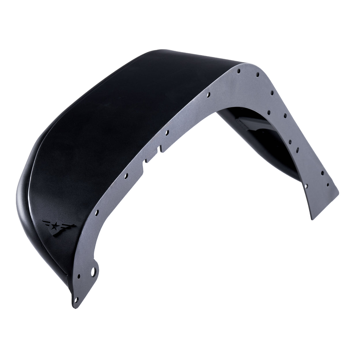 A single front black aluminum fender flare with a textured powder-coated finish, designed for Jeep Wranglers. The flare includes pre-drilled holes along the edges for easy installation and a sleek design for improved durability and style. A removable, paintable Combat Off Road logo is positioned near the edge. Engineered to handle tough off-road environments.