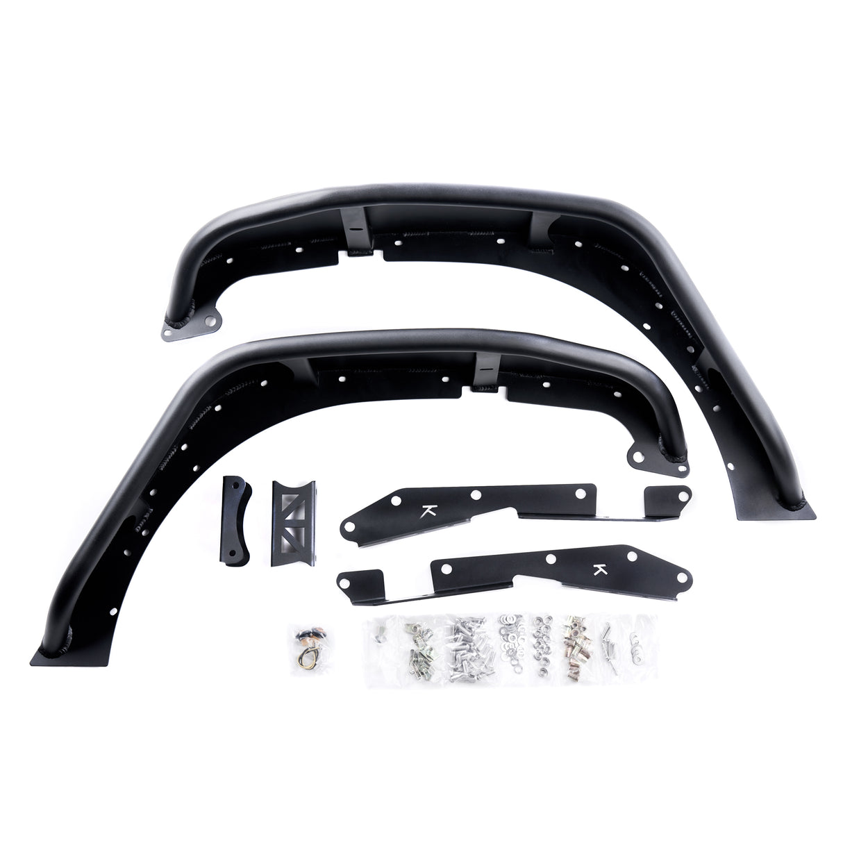 A pair of front black aluminum fender flares for Jeep Wranglers, including front flares, mounting brackets, and installation hardware. The kit features pre-drilled holes for easy installation and includes bolts, washers, and screws neatly packaged in plastic bags. The fender flares are powder-coated for durability and designed to withstand tough off-road conditions, offering both functionality and style.