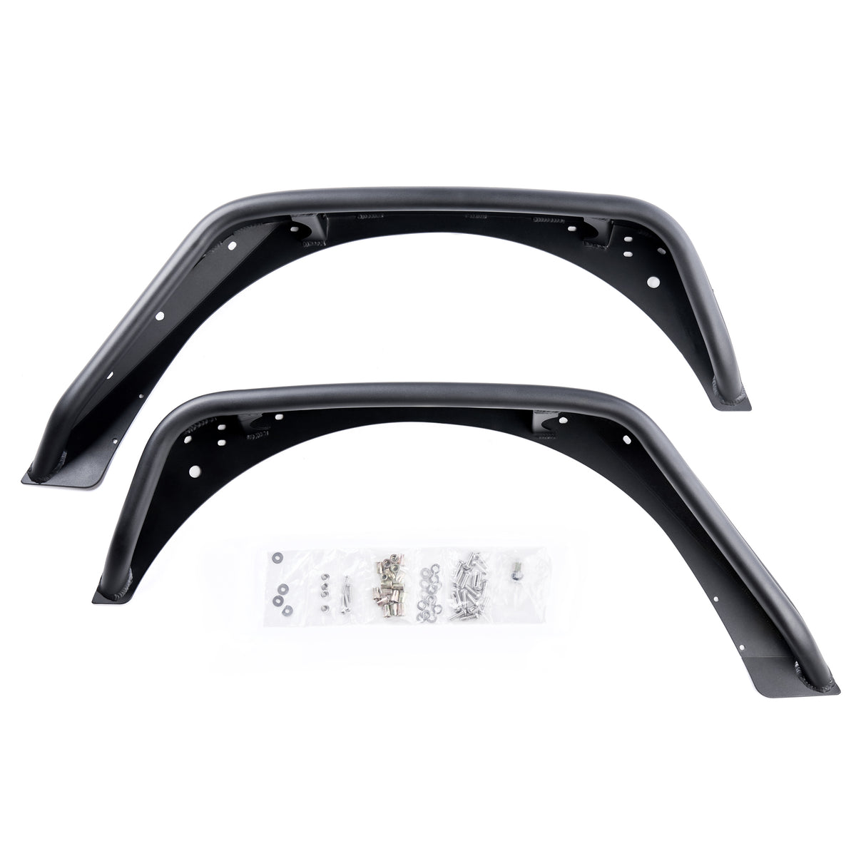 A set of two rear black aluminum fender flares designed for Jeep Wranglers. The flares feature a textured powder-coated finish for durability and pre-drilled holes for easy installation. The set includes a hardware kit with bolts, washers, and screws, neatly packaged in plastic bags. These rear fender flares are built for off-road durability and a sleek appearance.