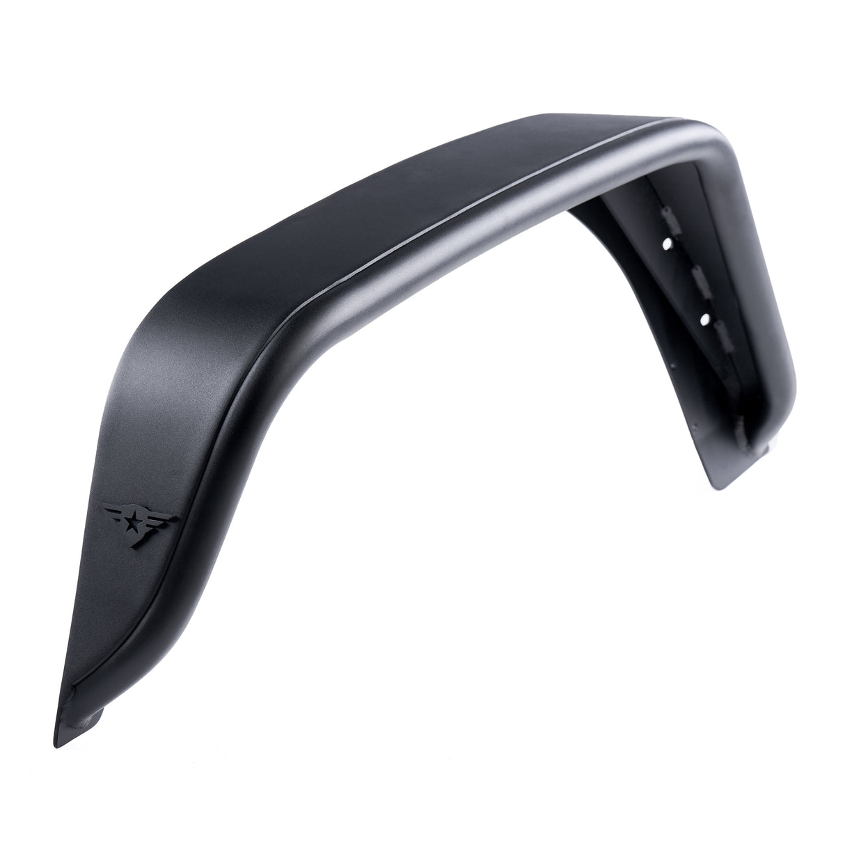 A single black aluminum fender flare designed for Jeep Wranglers, featuring a durable, powder-coated finish for enhanced protection against corrosion and wear. The fender flare includes a removable Combat Off Road logo near the edge and pre-drilled mounting holes for straightforward installation. Engineered for off-road durability, it combines style and functionality for rugged environments.