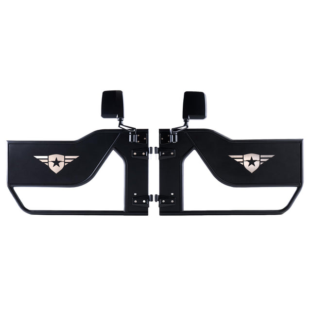 Pair of Mission Tube Doors for Jeep JK, crafted from steel with a durable powder-coated finish. Each door features a laser-cut Combat Off Road logo with a removable, paintable backing panel, allowing for customization. The design includes integrated side mirrors and an open tube frame, perfect for enhancing visibility and airflow during off-road adventures.