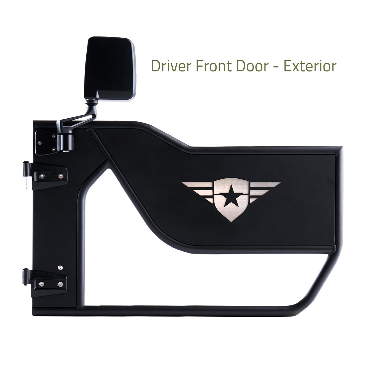Driver-side front Mission Tube Door for Jeep JK, featuring a steel construction with a durable powder-coated finish. The door includes a mirror and showcases a laser-cut Combat Off Road logo with a removable, paintable backing panel for customization. Designed with an open tube style for enhanced airflow and visibility, perfect for off-road adventures.