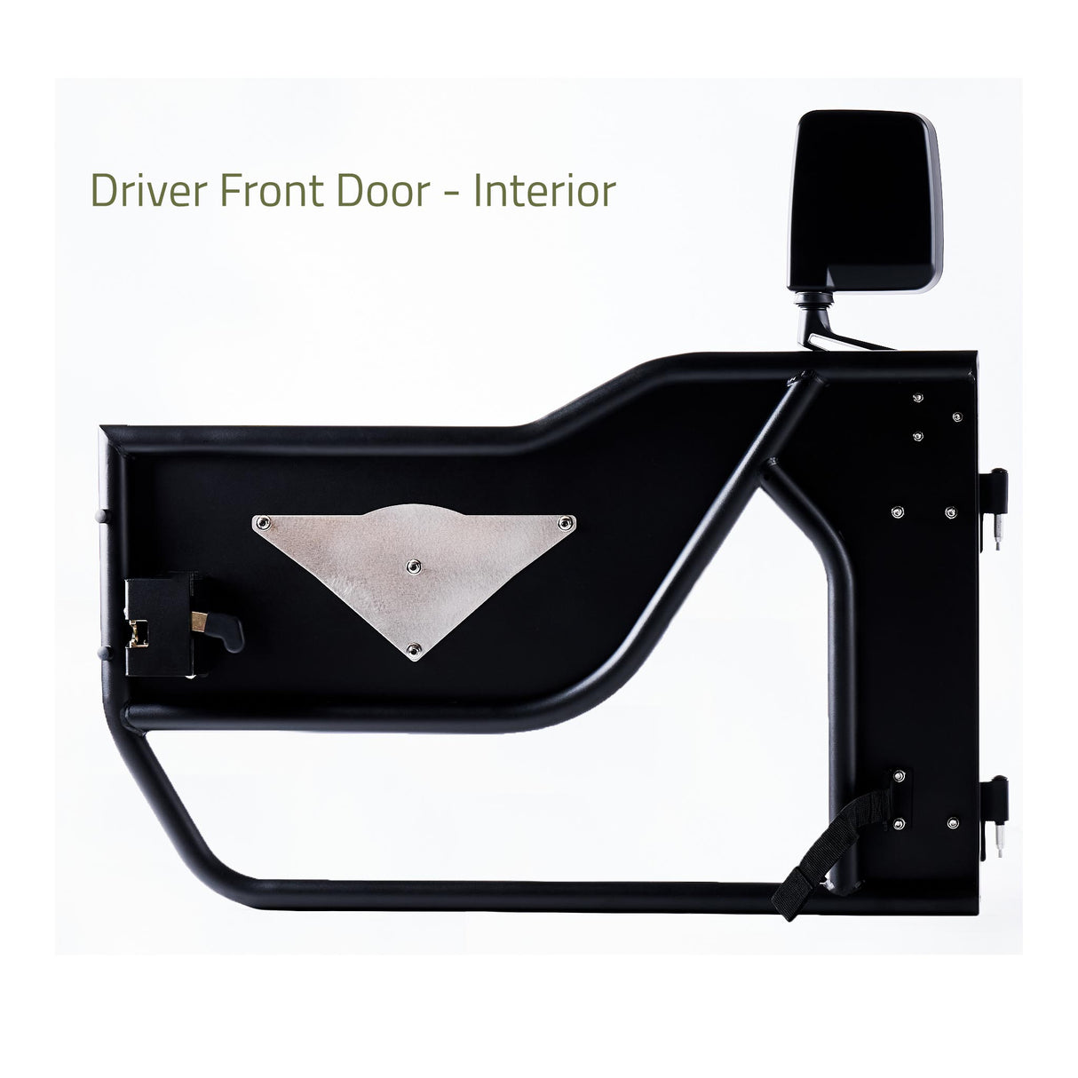 Interior view of the driver-side front Mission Tube Door for Jeep JK. The door showcases its steel construction with a durable powder-coated finish and includes a mirror for added functionality. A removable, paintable backing panel is visible behind the laser-cut Combat Off Road logo, allowing for personalized customization. The open tube design provides enhanced airflow and visibility, making it ideal for off-road use.