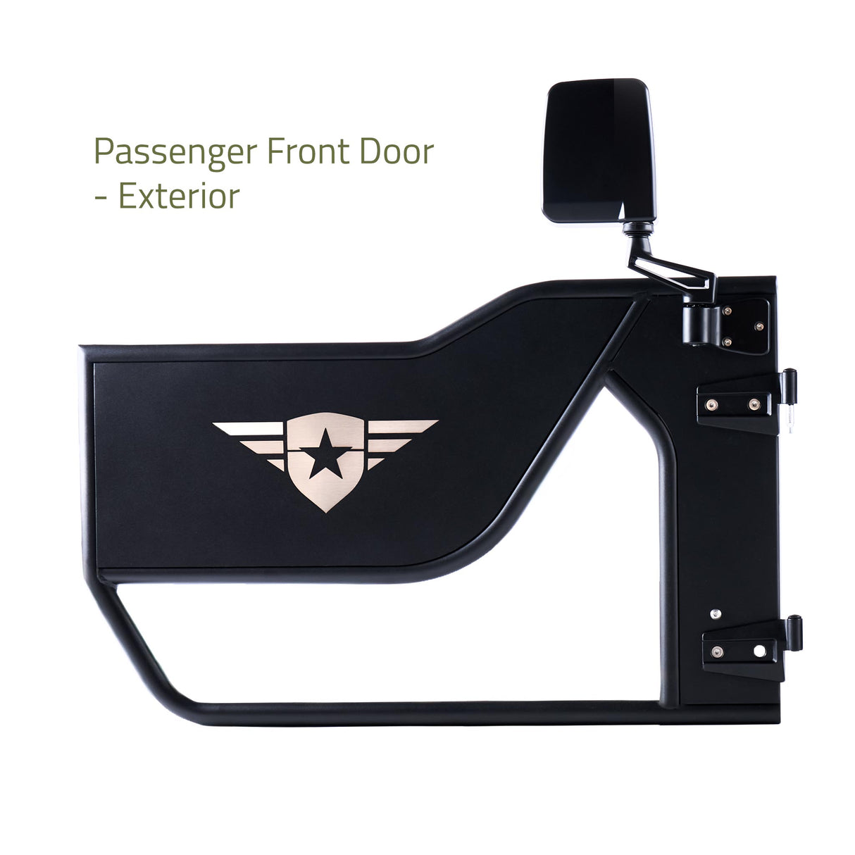 Exterior view of the passenger-side front Mission Tube Door for Jeep JK. This steel door is powder-coated for durability and features a laser-cut Combat Off Road logo with a removable, paintable backing panel for customization. The open tube design enhances airflow and visibility, while the integrated mirror provides added convenience for off-road adventures.