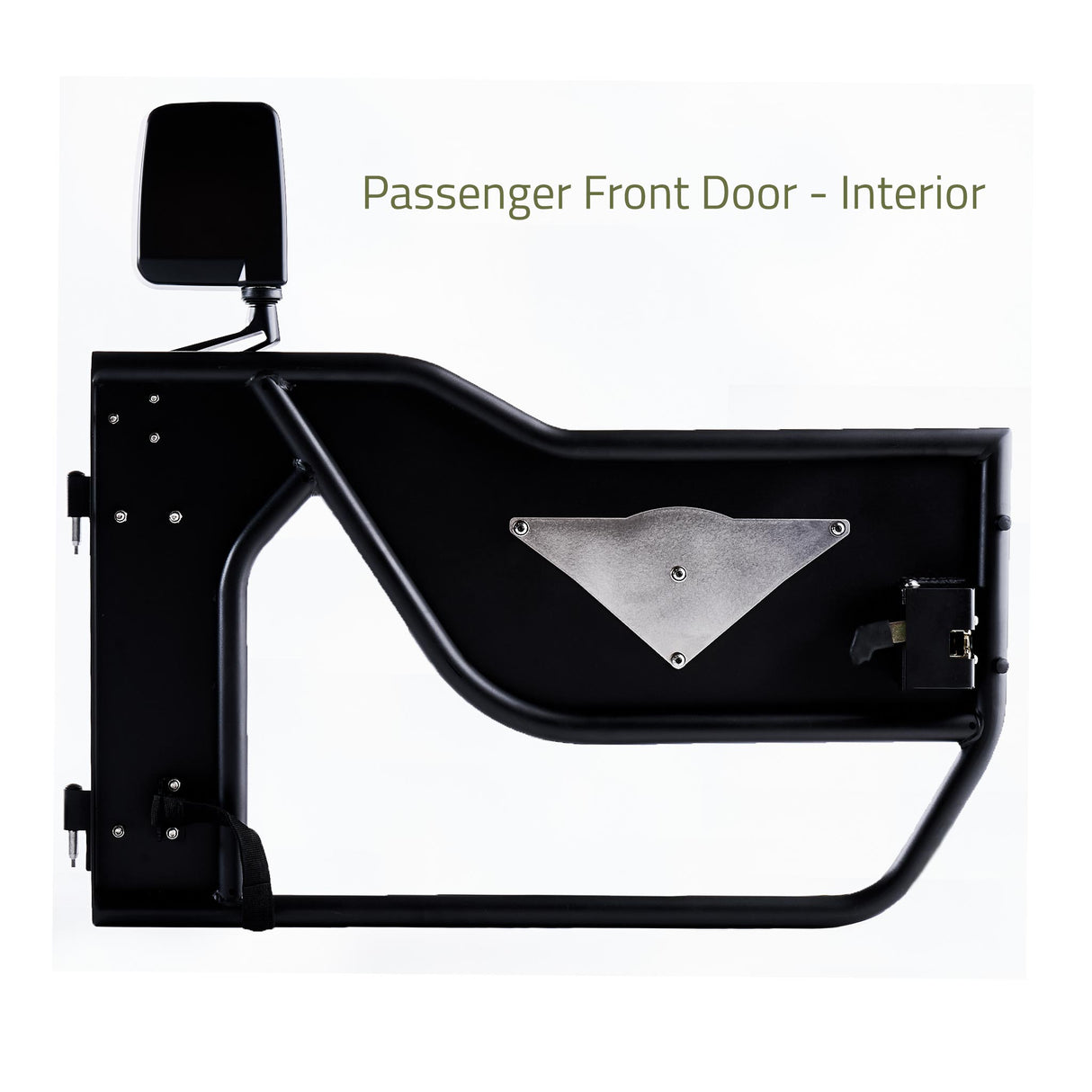 Exterior view of the passenger-side front Mission Tube Door for Jeep JK. This steel door is powder-coated for durability and features a laser-cut Combat Off Road logo with a removable, paintable backing panel for customization. The open tube design enhances airflow and visibility, while the integrated mirror provides added convenience for off-road adventures.