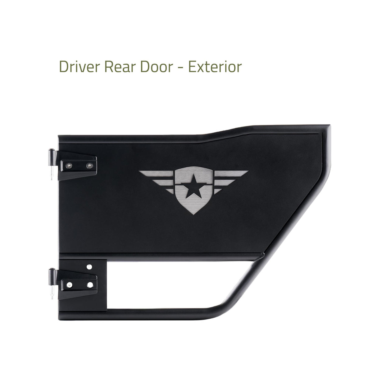 Exterior view of the passenger-side front Mission Tube Door for Jeep JK. This steel door is powder-coated for durability and features a laser-cut Combat Off Road logo with a removable, paintable backing panel for customization. The open tube design enhances airflow and visibility, while the integrated mirror provides added convenience for off-road adventures.