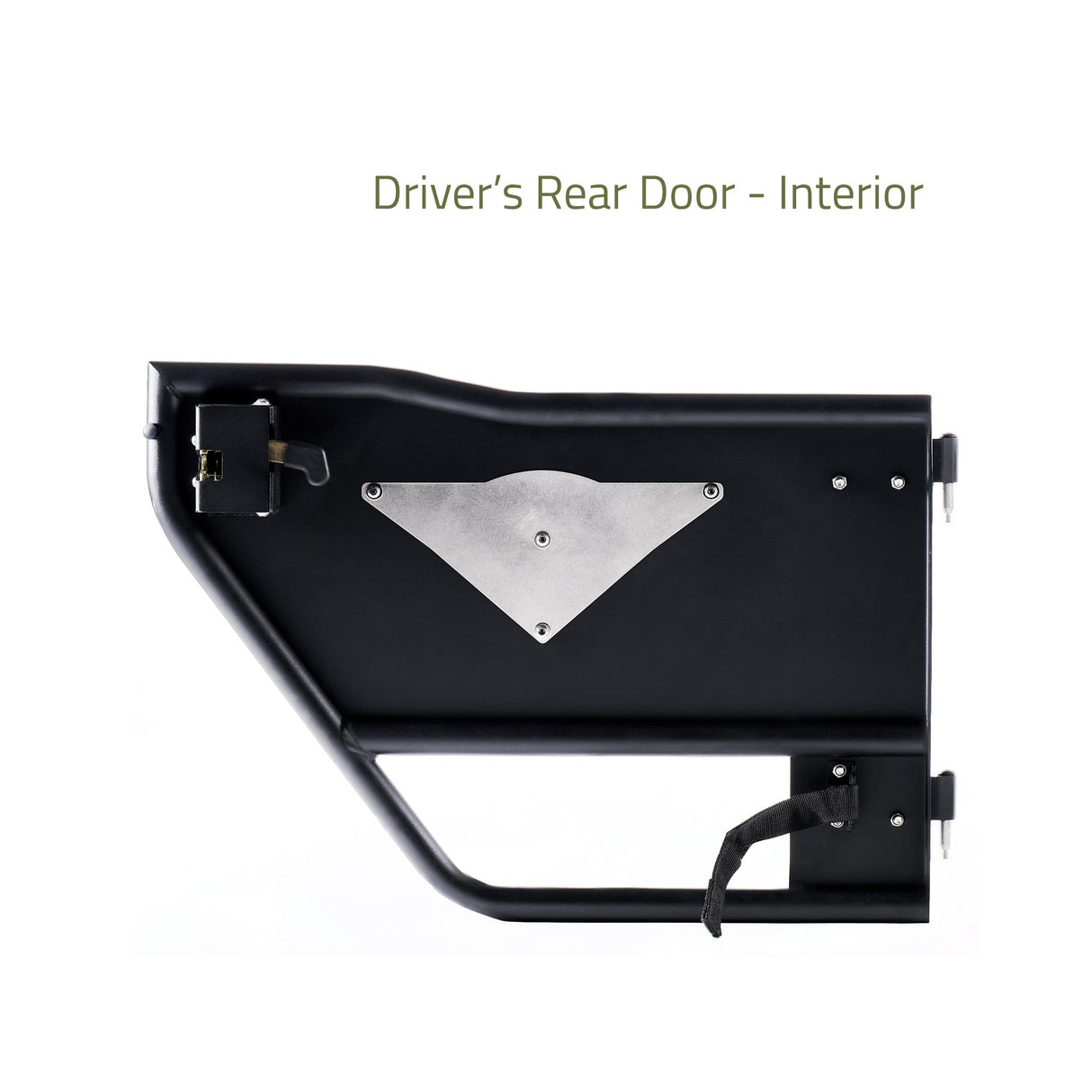 Interior view of the driver-side rear Mission Tube Door for Jeep JK. The design includes a steel frame with a removable, paintable backing panel behind the Combat Off Road logo. Features include a durable powder-coated finish, latch mechanism, and reinforced nylon door strap for secure operation. Ideal for off-road adventures, offering enhanced visibility and airflow.