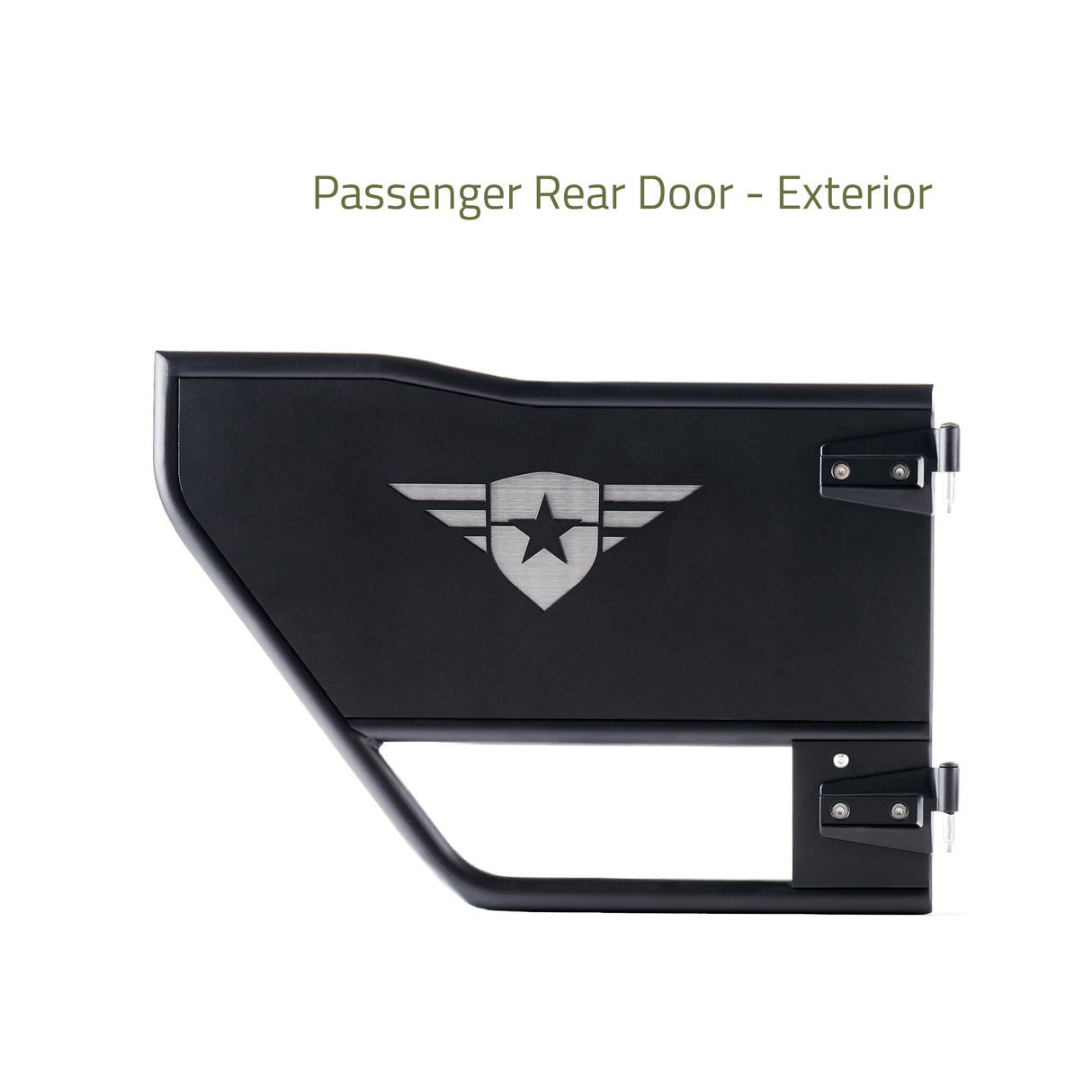 Exterior view of the passenger-side rear Mission Tube Door for Jeep JK. The steel construction features a Combat Off Road logo with a removable, paintable backing panel for customization. The door is powder-coated for durability and designed to enhance visibility and airflow during off-road adventures. Includes robust hinges for secure attachment.