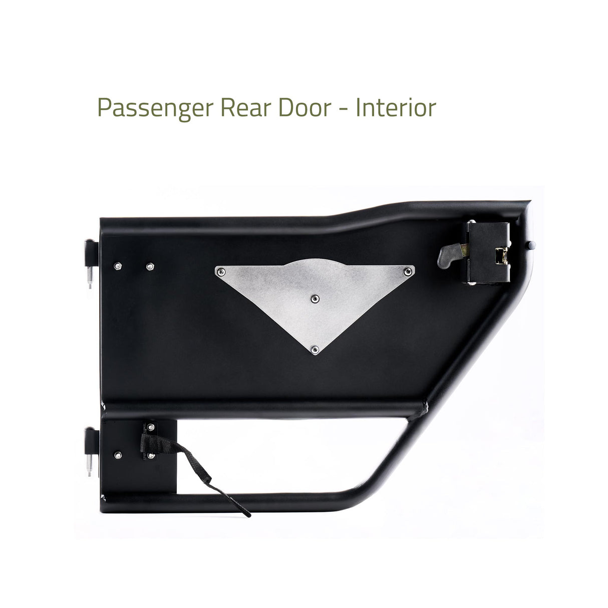 Interior view of the passenger-side rear Mission Tube Door for Jeep JK. The steel construction showcases a removable, paintable backing panel behind the Combat Off Road logo, offering customization options. The door is powder-coated for durability and features a secure latch mechanism and a strap for easy opening and closing. Designed for off-road performance with enhanced airflow and visibility.