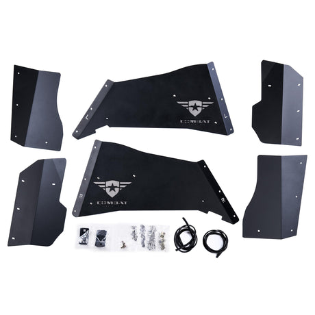 A complete set of black rear inner fender liners for Jeep Wranglers, featuring a durable powder-coated finish and the Combat Off Road logo on each liner with removable, paintable backing plates for customization. The set includes precision-cut panels and all necessary installation hardware, such as bolts, washers, and screws, neatly packaged for convenience. Designed for durability and off-road protection.