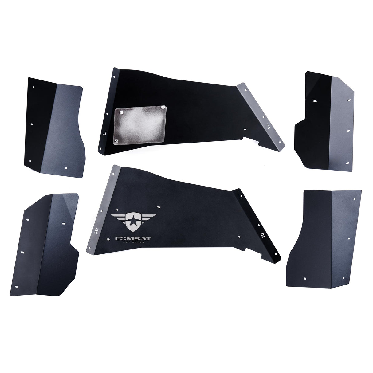 A set of black rear inner fender liners for Jeep Wranglers, featuring a durable powder-coated finish. Both liners include the Combat Off Road logo with removable, paintable backing plates for customization. The set provides precision-cut panels designed for easy installation and optimal protection in off-road environments, while the design allows for a sleek and functional upgrade.