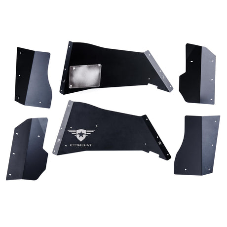 A set of black rear inner fender liners for Jeep Wranglers, featuring a durable powder-coated finish. Both liners include the Combat Off Road logo with removable, paintable backing plates for customization. The set provides precision-cut panels designed for easy installation and optimal protection in off-road environments, while the design allows for a sleek and functional upgrade.