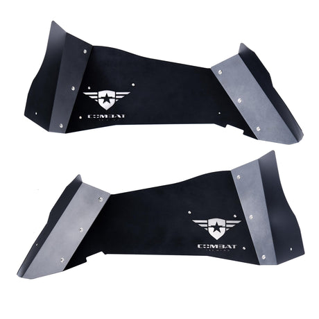 A pair of black rear inner fender liners for Jeep Wranglers, featuring a durable powder-coated finish and the Combat Off Road logo on each liner. The logos include removable, paintable backing plates for customization. The liners are designed with precision-cut panels for easy installation and enhanced protection in off-road conditions, combining style and functionality.