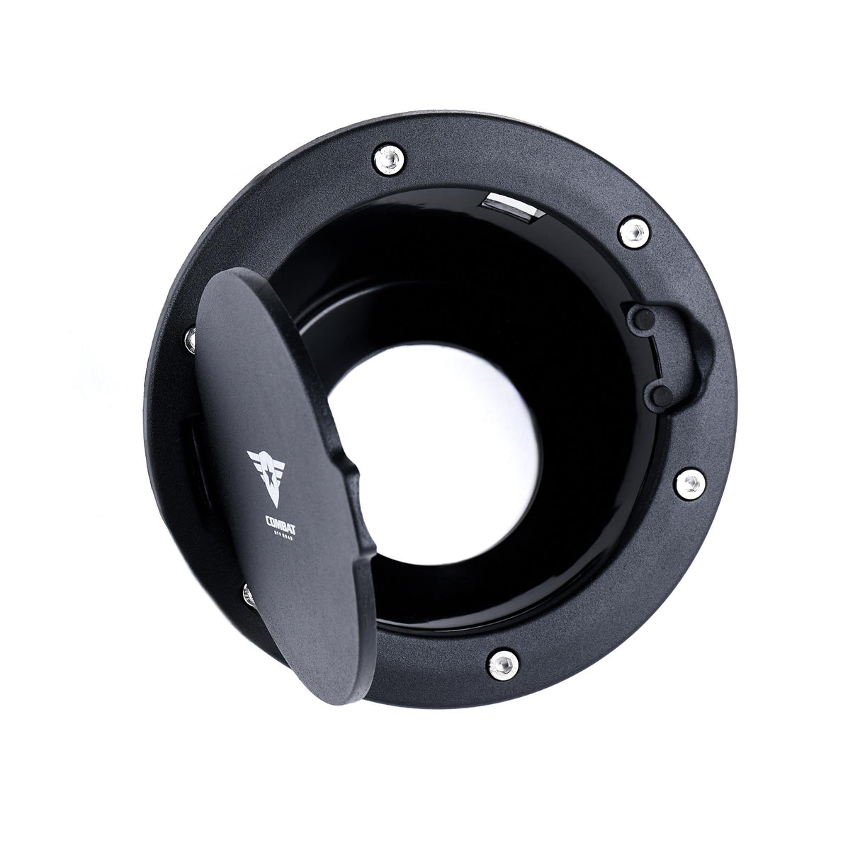 A black Combat Off Road fuel door cover for Jeep JK shown with the door open, revealing the fuel compartment. The cover features a textured finish, stainless steel bolt accents, and the Combat Off Road logo in white on the interior of the door. Designed for durability and a rugged aesthetic, this cover enhances both function and style.