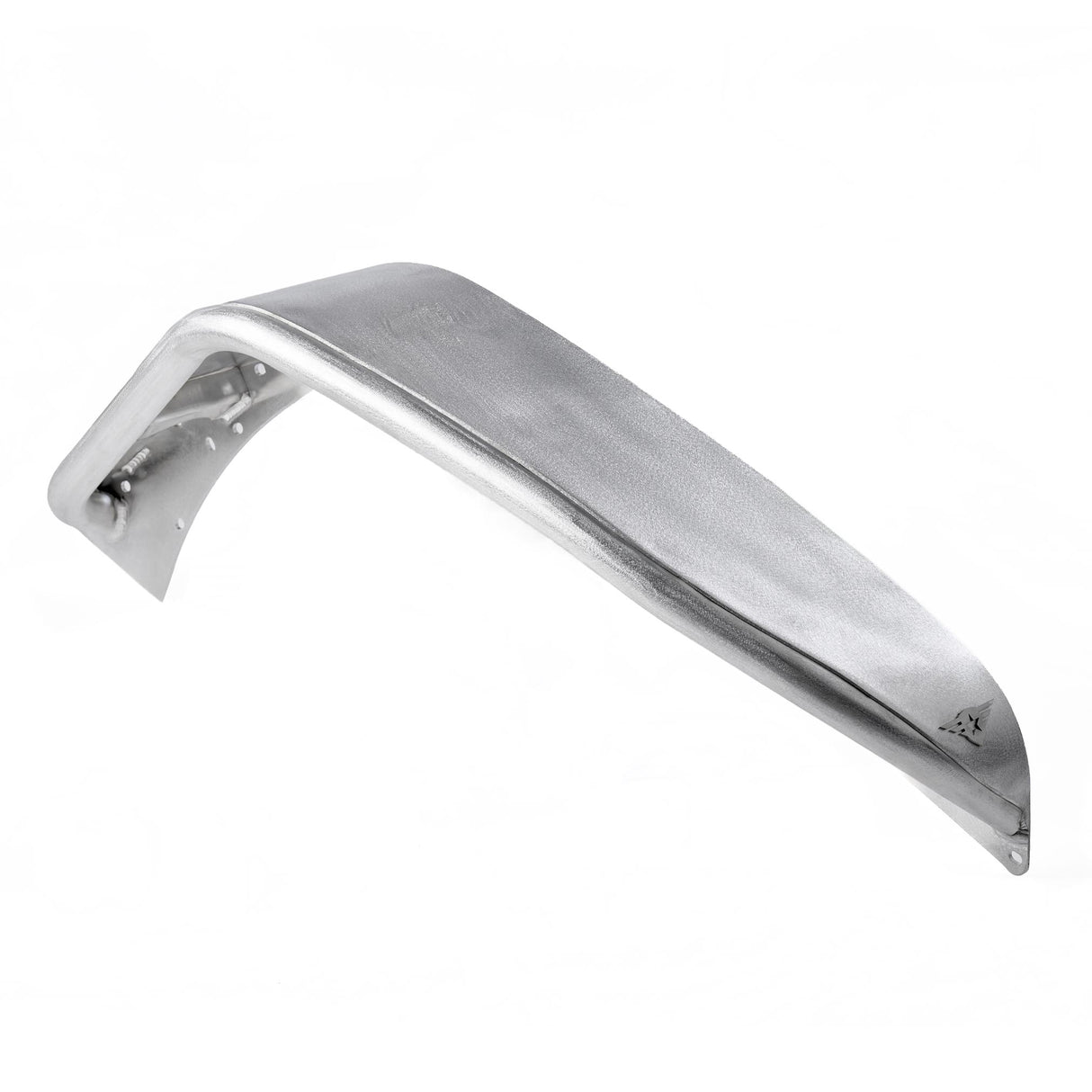 A single raw aluminum front fender flare for a Jeep Wrangler, showcasing its natural metal finish. The fender features pre-drilled holes for easy installation and includes a removable, paintable Combat Off Road logo near the edge. Designed for customization and durability, this fender flare is ideal for off-road performance.