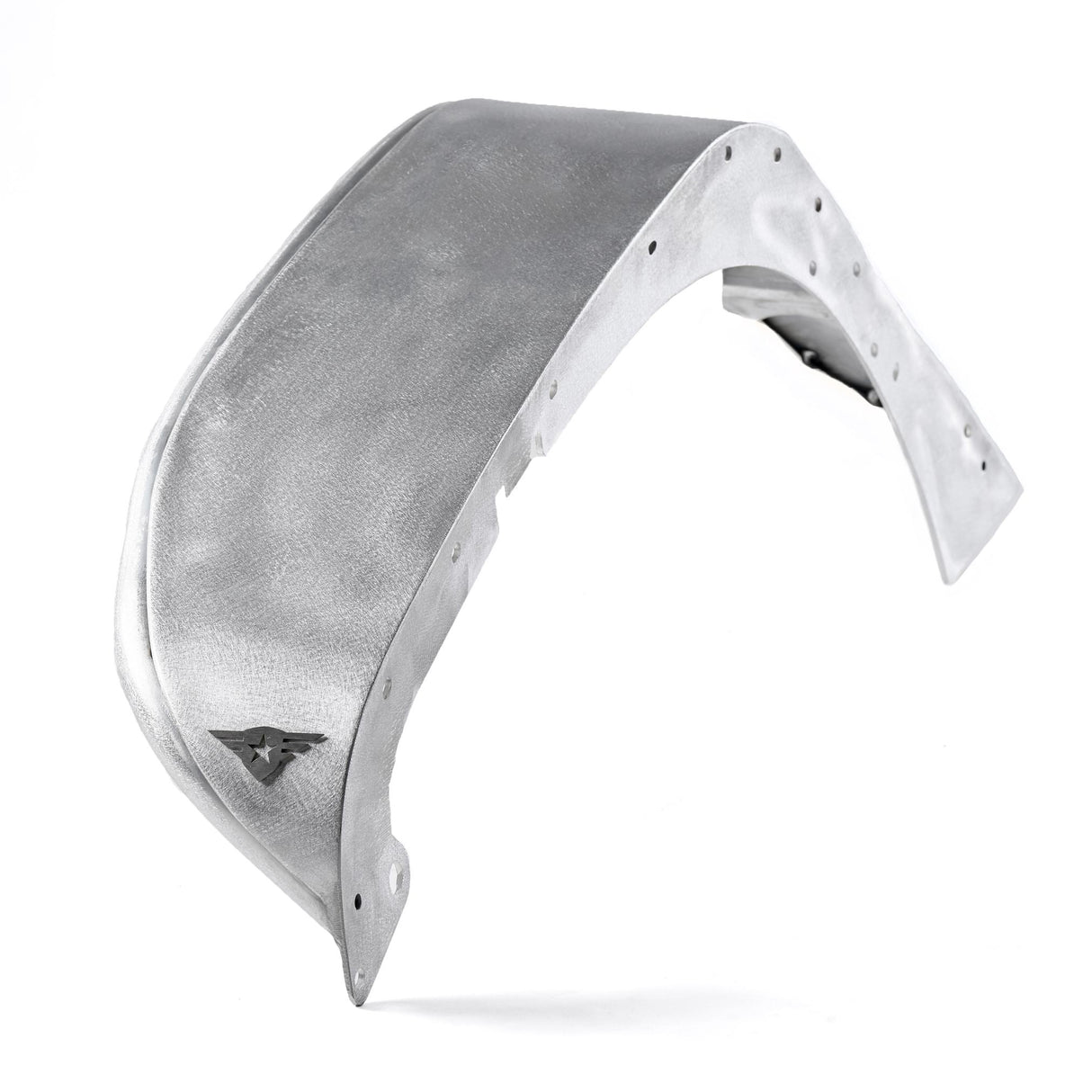 A single raw aluminum front fender flare for a Jeep Wrangler, showcasing its natural metal finish. The fender features pre-drilled holes for easy installation and includes a removable, paintable Combat Off Road logo near the edge. Designed for customization and durability, this fender flare is ideal for off-road performance.