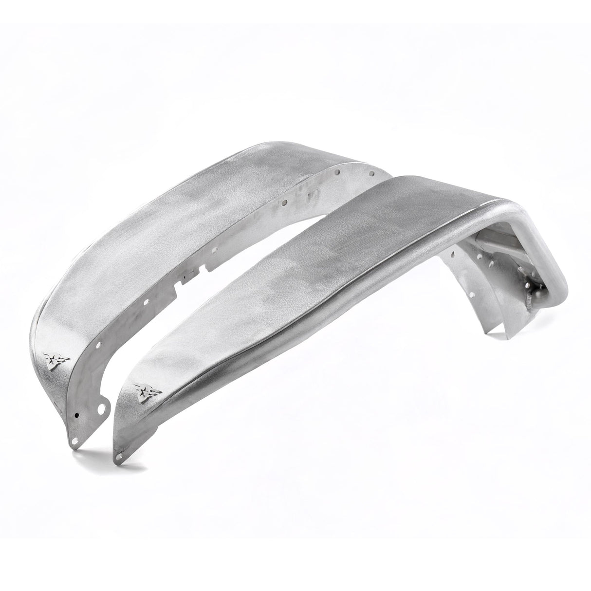 A pair of raw aluminum front fender flares for Jeep Wranglers, showcasing their natural metal finish. The flares include pre-drilled holes for easy installation and removable, paintable Combat Off Road logos near the edges. These fender flares are designed for customization, offering a durable and lightweight option for off-road performance.