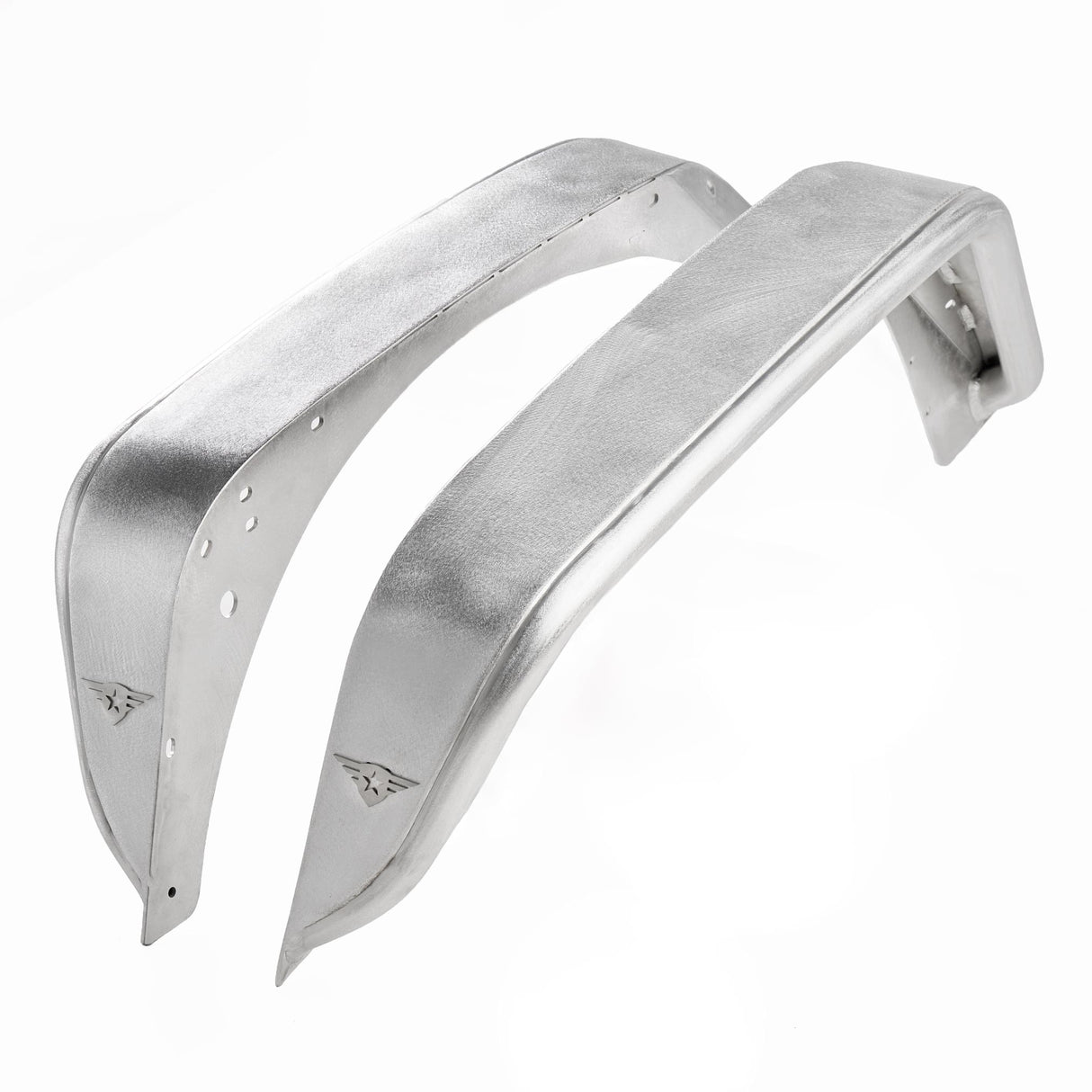 A pair of raw aluminum rear fender flares for Jeep Wranglers, showcasing their natural metal finish. The flares feature pre-drilled holes for easy installation and removable, paintable Combat Off Road logos near the edges. These rear fender flares are designed for durability, customization, and optimal off-road performance.