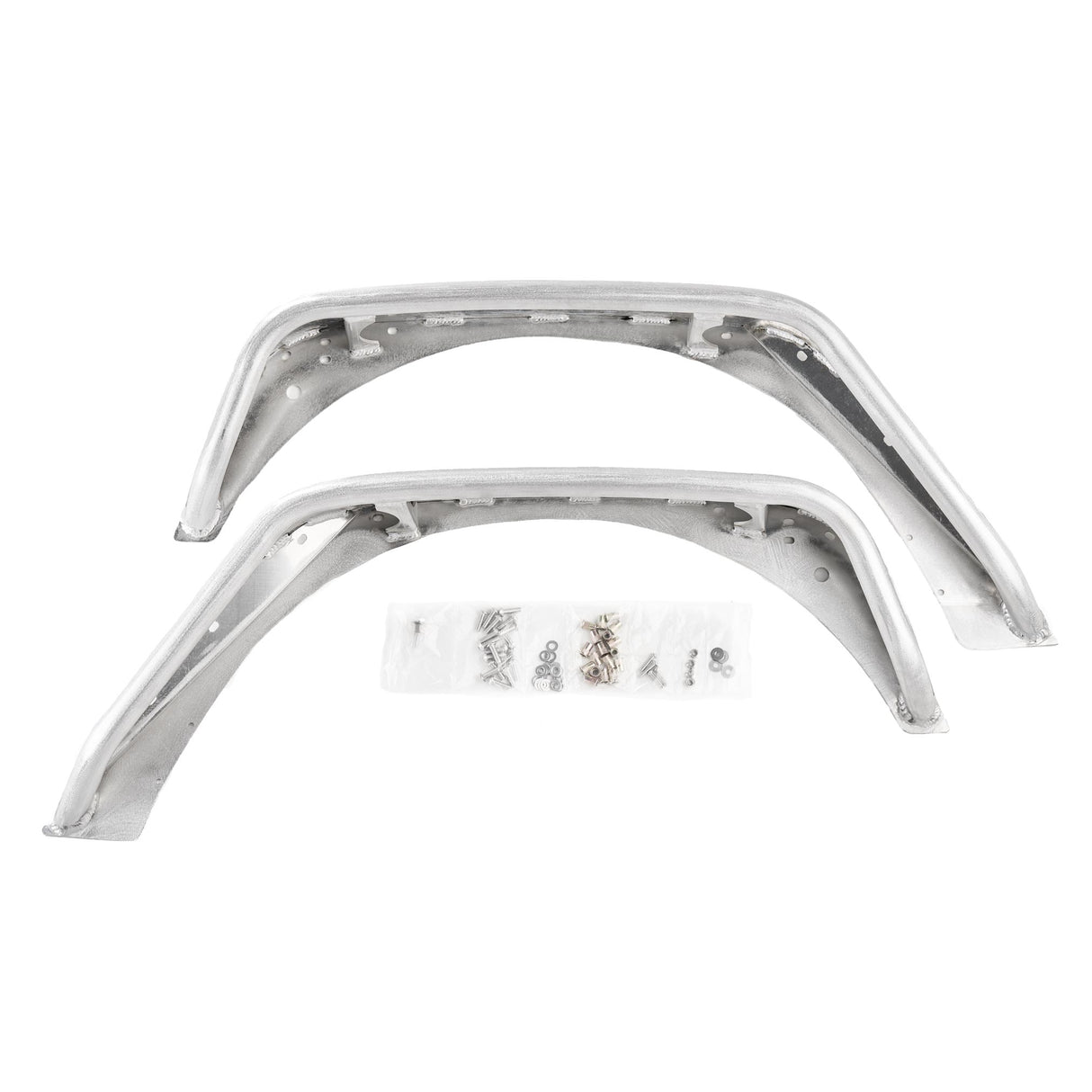 A complete set of raw aluminum rear fender flares for Jeep Wranglers, showcasing their natural metal finish. The kit includes two rear fender flares with pre-drilled holes for easy installation, along with a full set of installation hardware such as bolts, washers, and screws, neatly packaged in plastic bags. Designed for durability, customization, and optimal off-road performance.