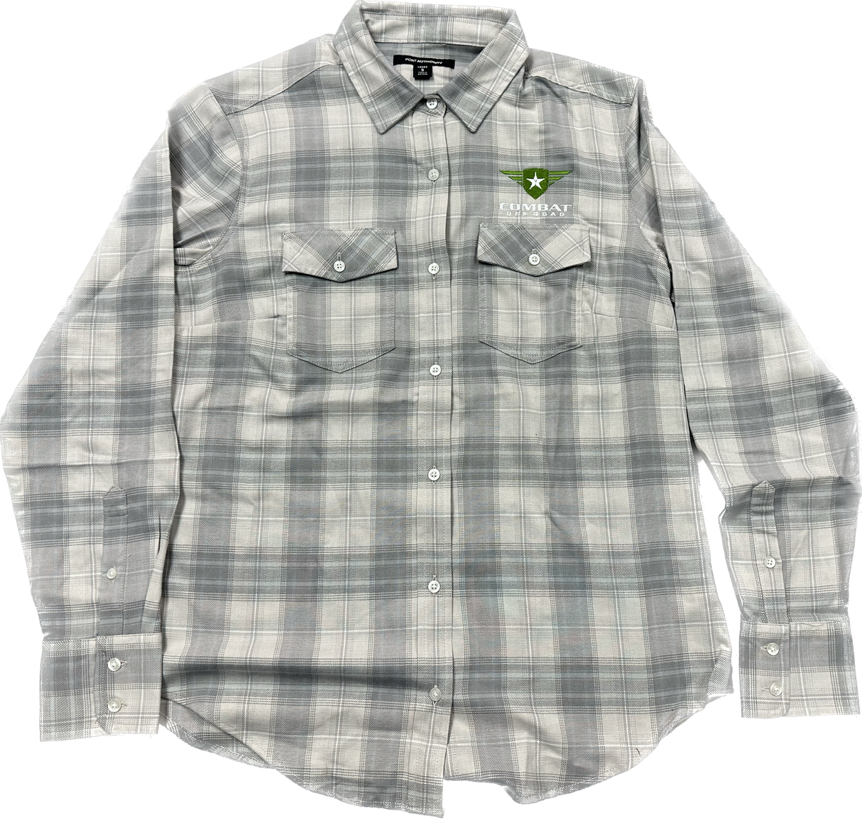 A light gray plaid button-up shirt featuring the Combat Off Road logo embroidered on the upper left chest. The logo includes a green shield with a white star and winged accents, accompanied by the text "Combat Off Road" in white. The shirt has two chest pockets with button closures, long sleeves, and a collar, offering a clean and versatile style.
