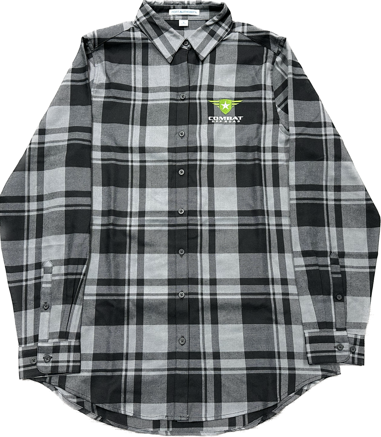 A black and gray plaid shirt featuring the Combat Off Road logo embroidered on the upper left chest. The logo includes a green shield with a white star and winged accents, accompanied by the text "Combat Off Road" in white. The shirt has a button-up design with two front chest pockets and long sleeves, offering a rugged yet comfortable style.