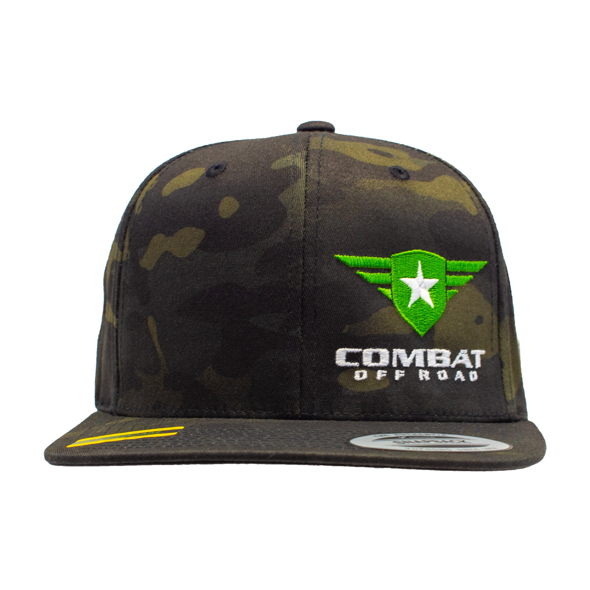 Combat Off Road black camo snapback hat with embroidered green logo and white text on the front.
