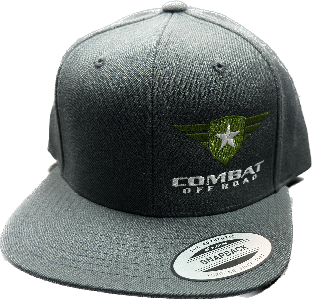 Combat Off Road black snapback hat with embroidered green logo and white text on the front.
