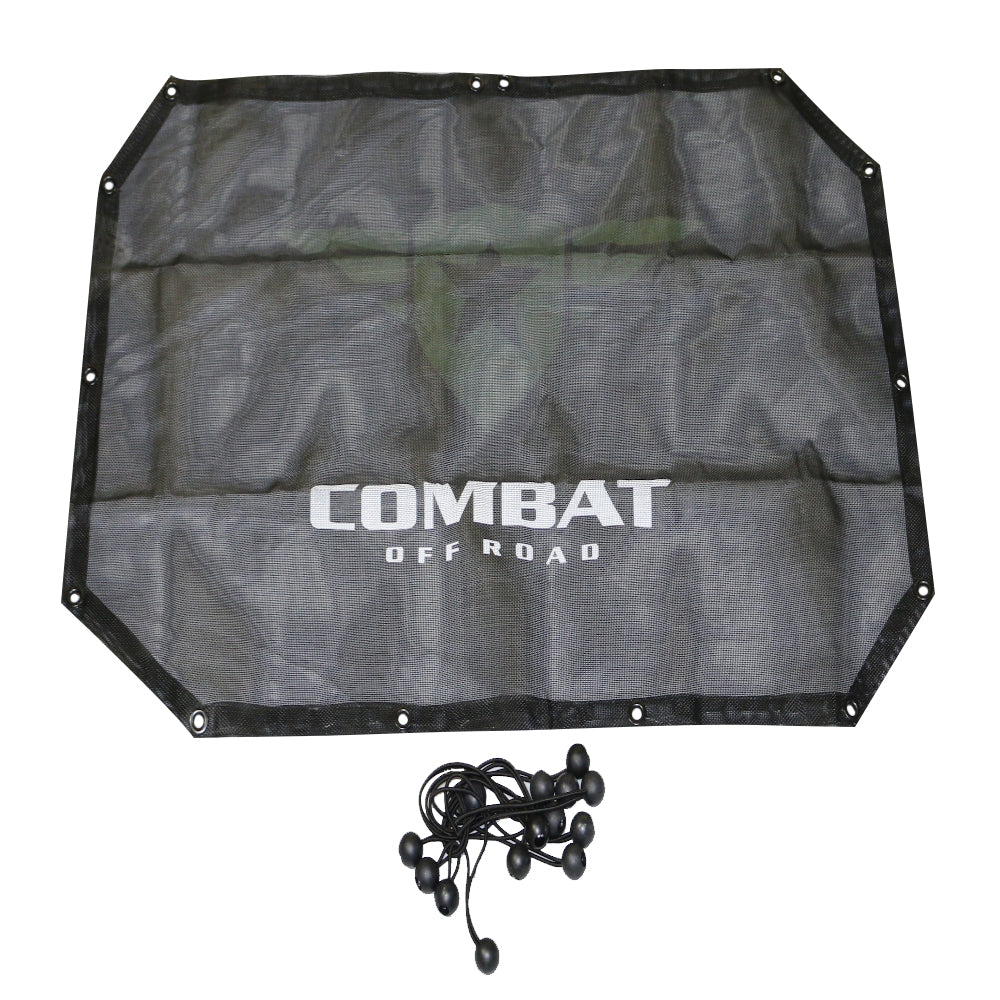 A black mesh sunshade designed for a 2-door Jeep JK, featuring the Combat Off Road logo printed in white across the center. The sunshade provides UV protection while allowing airflow, and it includes reinforced edges with metal grommets for secure attachment. A set of black bungee cords with ball ends is included for easy installation onto the roll bars.