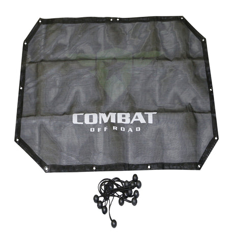 A black mesh sunshade designed for a 2-door Jeep JK, featuring the Combat Off Road logo printed in white across the center. The sunshade provides UV protection while allowing airflow, and it includes reinforced edges with metal grommets for secure attachment. A set of black bungee cords with ball ends is included for easy installation onto the roll bars.