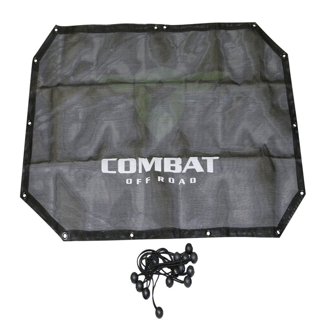 A black mesh sunshade designed for a 2-door Jeep JK, featuring the Combat Off Road logo printed in white across the center. The sunshade provides UV protection while allowing airflow, and it includes reinforced edges with metal grommets for secure attachment. A set of black bungee cords with ball ends is included for easy installation onto the roll bars.