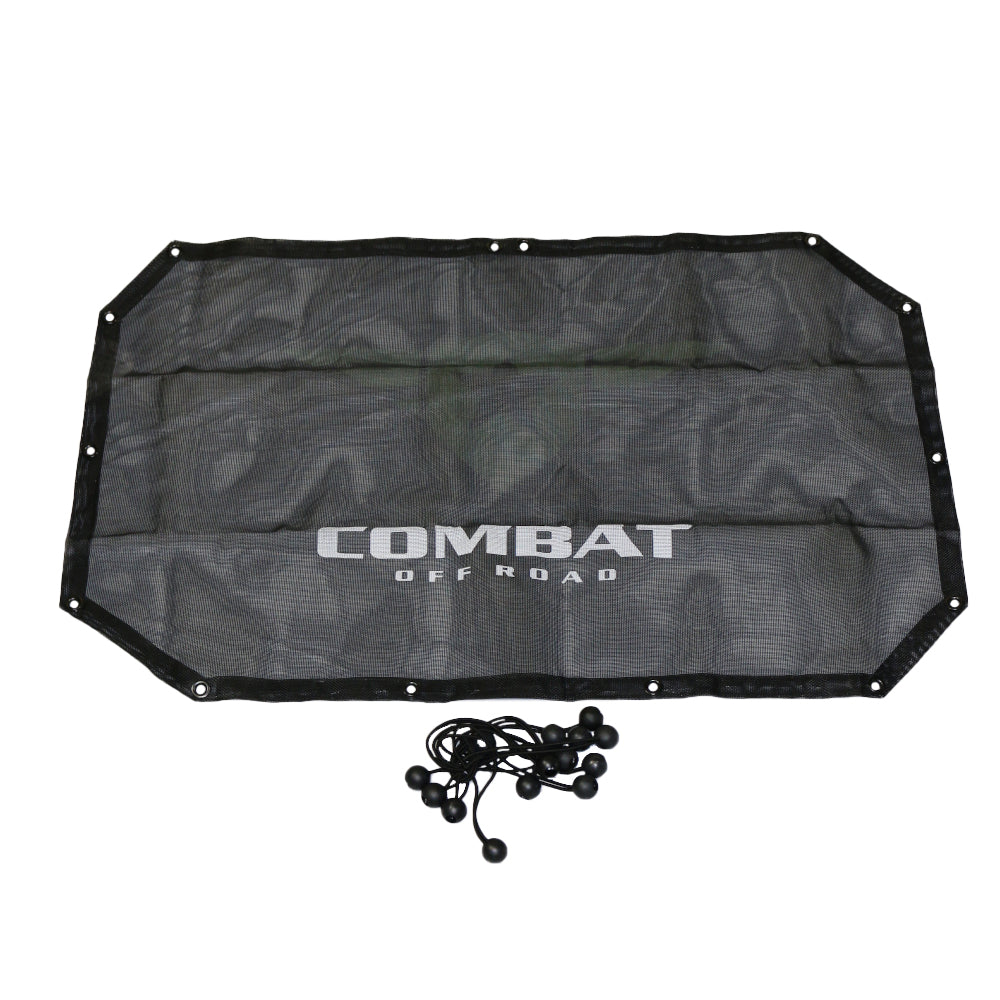A black mesh sunshade designed for a 2-door Jeep JK, featuring the Combat Off Road logo printed in white across the center. The sunshade provides UV protection while allowing airflow, and it includes reinforced edges with metal grommets for secure attachment. A set of black bungee cords with ball ends is included for easy installation onto the roll bars.