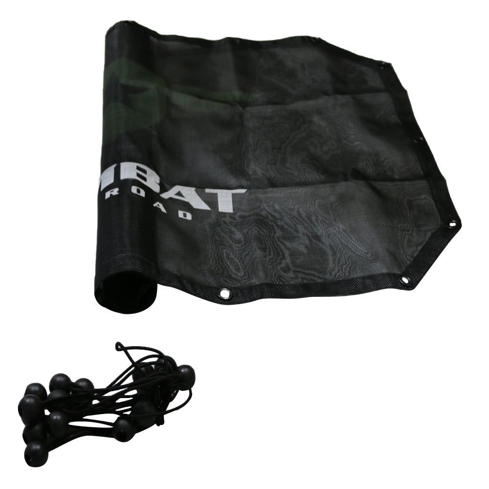 A black mesh sunshade designed for a 2-door Jeep JK, featuring the Combat Off Road logo printed in white across the center. The sunshade provides UV protection while allowing airflow, and it includes reinforced edges with metal grommets for secure attachment. A set of black bungee cords with ball ends is included for easy installation onto the roll bars.