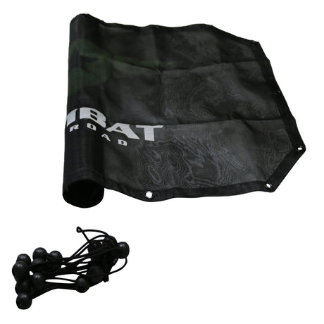 A black mesh sunshade designed for a 2-door Jeep JK, featuring the Combat Off Road logo printed in white across the center. The sunshade provides UV protection while allowing airflow, and it includes reinforced edges with metal grommets for secure attachment. A set of black bungee cords with ball ends is included for easy installation onto the roll bars.