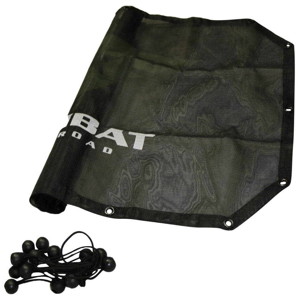 A black mesh sunshade designed for a 2-door Jeep JK, featuring the Combat Off Road logo printed in white across the center. The sunshade provides UV protection while allowing airflow, and it includes reinforced edges with metal grommets for secure attachment. A set of black bungee cords with ball ends is included for easy installation onto the roll bars.