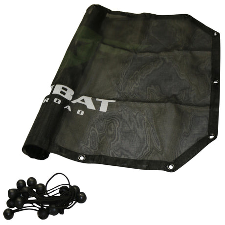 A black mesh sunshade designed for a 2-door Jeep JK, featuring the Combat Off Road logo printed in white across the center. The sunshade provides UV protection while allowing airflow, and it includes reinforced edges with metal grommets for secure attachment. A set of black bungee cords with ball ends is included for easy installation onto the roll bars.