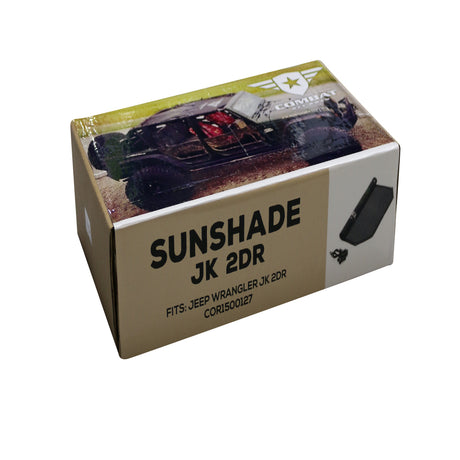 Product packaging for a Combat Off Road sunshade designed for a 2-door Jeep JK. The box displays an image of a Jeep with the sunshade installed, along with bold text reading "Sunshade JK 2DR." Additional text specifies, "Fits: Jeep Wrangler JK 2DR"  A smaller image of the sunshade and bungee cords is shown on the right side of the box.