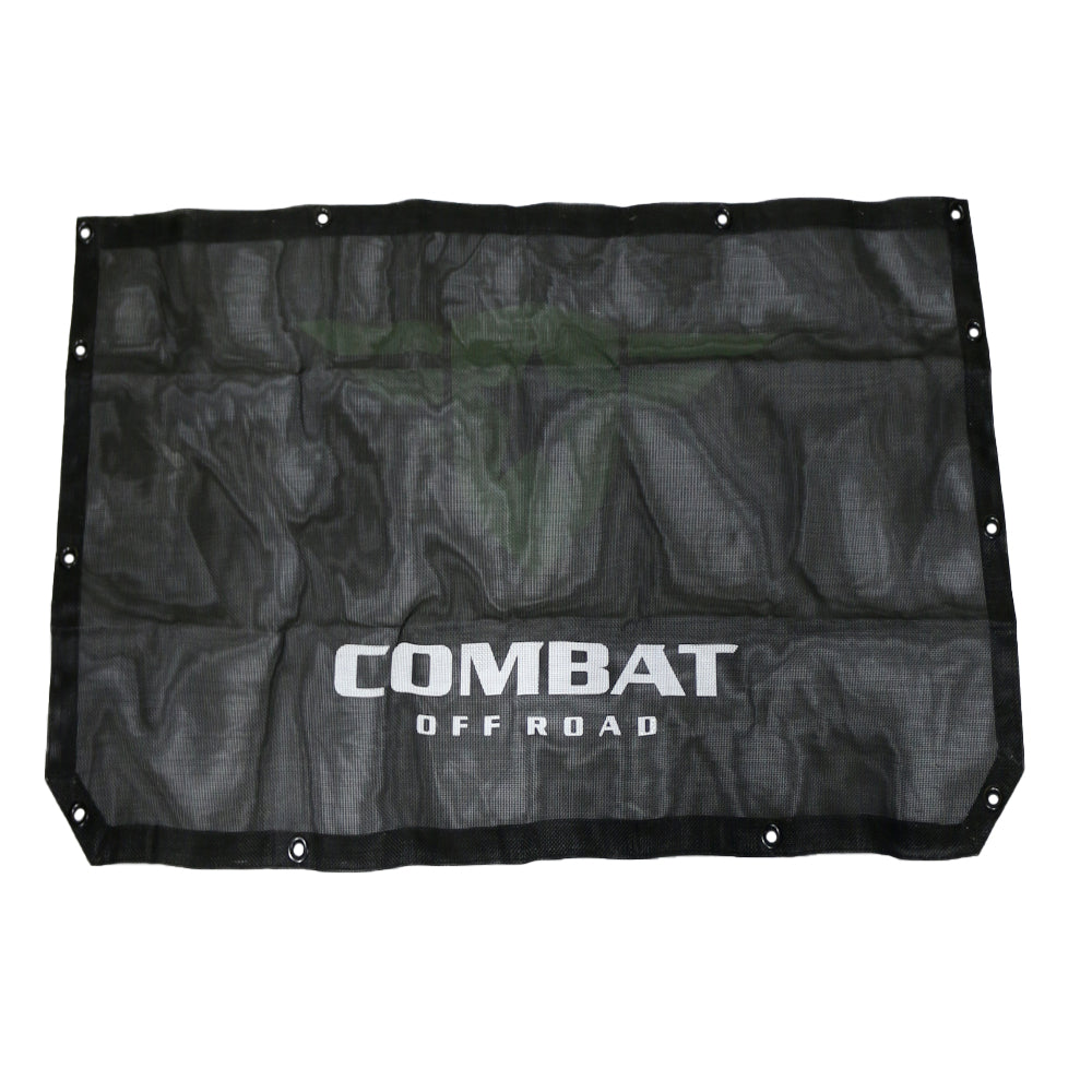 Combat Off Road sunshade designed for the 2-door Jeep JL. The sunshade is constructed from durable black mesh material, providing shade while maintaining airflow inside the vehicle. Features the Combat Off Road logo printed in white for branding and multiple grommets for secure attachment to the Jeep's frame. Ideal for off-road adventures and sunny weather.