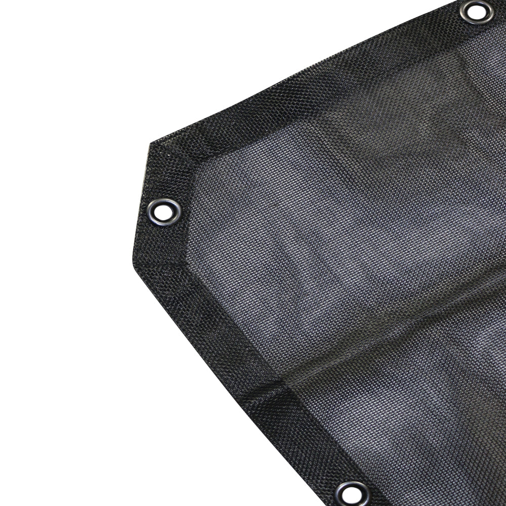 Close-up view of the Combat Off Road sunshade's corner for the 2-door Jeep JL. The durable black mesh material is highlighted, showcasing reinforced stitching for added strength. The corner features a metal grommet for secure attachment, ensuring stability and longevity during off-road use.