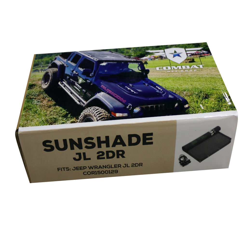 The retail packaging for the Combat Off Road sunshade designed for 2-door Jeep Wrangler JL models. The box features an image of a Jeep Wrangler JL on a grassy field with the Combat Off Road logo in the background. The product label reads "Sunshade JL 2DR," along with "Fits: Jeep Wrangler JL 2DR" A small image of the sunshade and bungee cords is also displayed on the side of the box.