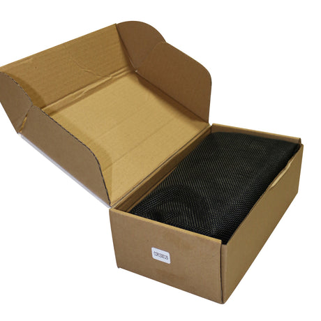 n open cardboard box containing a neatly folded Combat Off Road sunshade for a 2-door Jeep JL. The sunshade is visible in its compact, packaged form, showcasing its black mesh material. A small label on the front of the box displays a product code. The box's simple design highlights its protective and eco-friendly packaging.