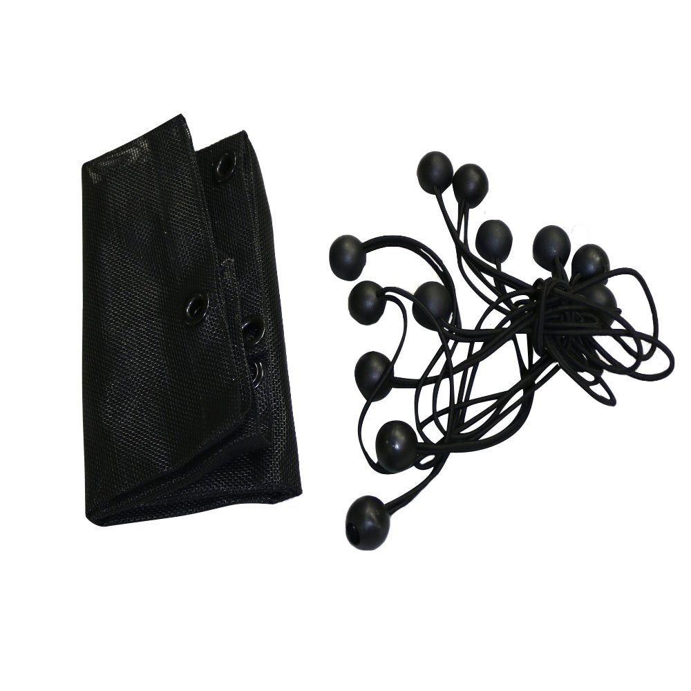 A folded Combat Off Road sunshade for a 2-door Jeep JL is shown next to a set of bungee cords with ball ends. The sunshade is made of durable black mesh material with reinforced grommets, while the bungee cords provide secure and adjustable installation.