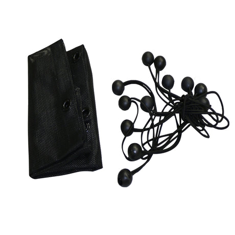 A folded Combat Off Road sunshade for a 2-door Jeep JL is shown next to a set of bungee cords with ball ends. The sunshade is made of durable black mesh material with reinforced grommets, while the bungee cords provide secure and adjustable installation.