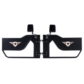 Pair of Mission Tube Doors for Jeep JK, crafted from steel with a durable powder-coated finish. Each door features a laser-cut Combat Off Road logo with a removable, paintable backing panel, allowing for customization. The design includes integrated side mirrors and an open tube frame, perfect for enhancing visibility and airflow during off-road adventures.