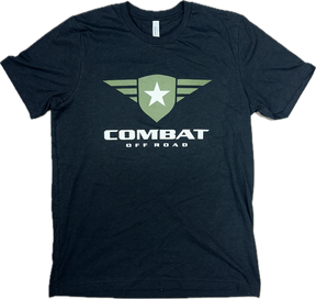 A black t-shirt featuring the Combat Off Road logo printed prominently on the chest. The logo includes a green shield with a white star and winged accents, with the text "Combat Off Road" in bold white letters underneath. The shirt has a classic crewneck design and short sleeves, suitable for casual wear.