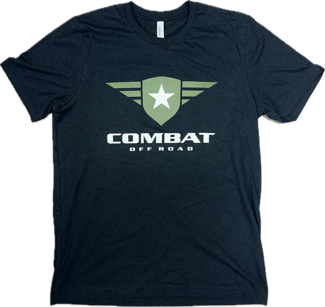 A black t-shirt featuring the Combat Off Road logo printed prominently on the chest. The logo includes a green shield with a white star and winged accents, with the text "Combat Off Road" in bold white letters underneath. The shirt has a classic crewneck design and short sleeves, suitable for casual wear.