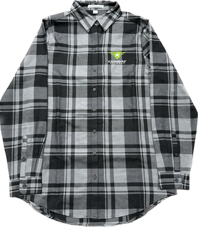 A black and gray plaid shirt featuring the Combat Off Road logo embroidered on the upper left chest. The logo includes a green shield with a white star and winged accents, accompanied by the text "Combat Off Road" in white. The shirt has a button-up design with two front chest pockets and long sleeves, offering a rugged yet comfortable style.