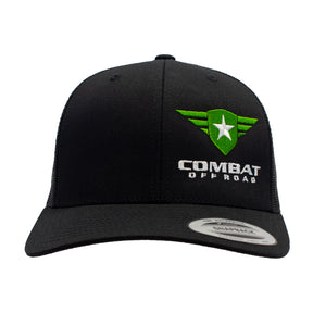 Combat Off Road black snapback hat with embroidered green logo and white text on the front.