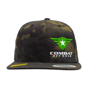 Combat Off Road black camo snapback hat with embroidered green logo and white text on the front.